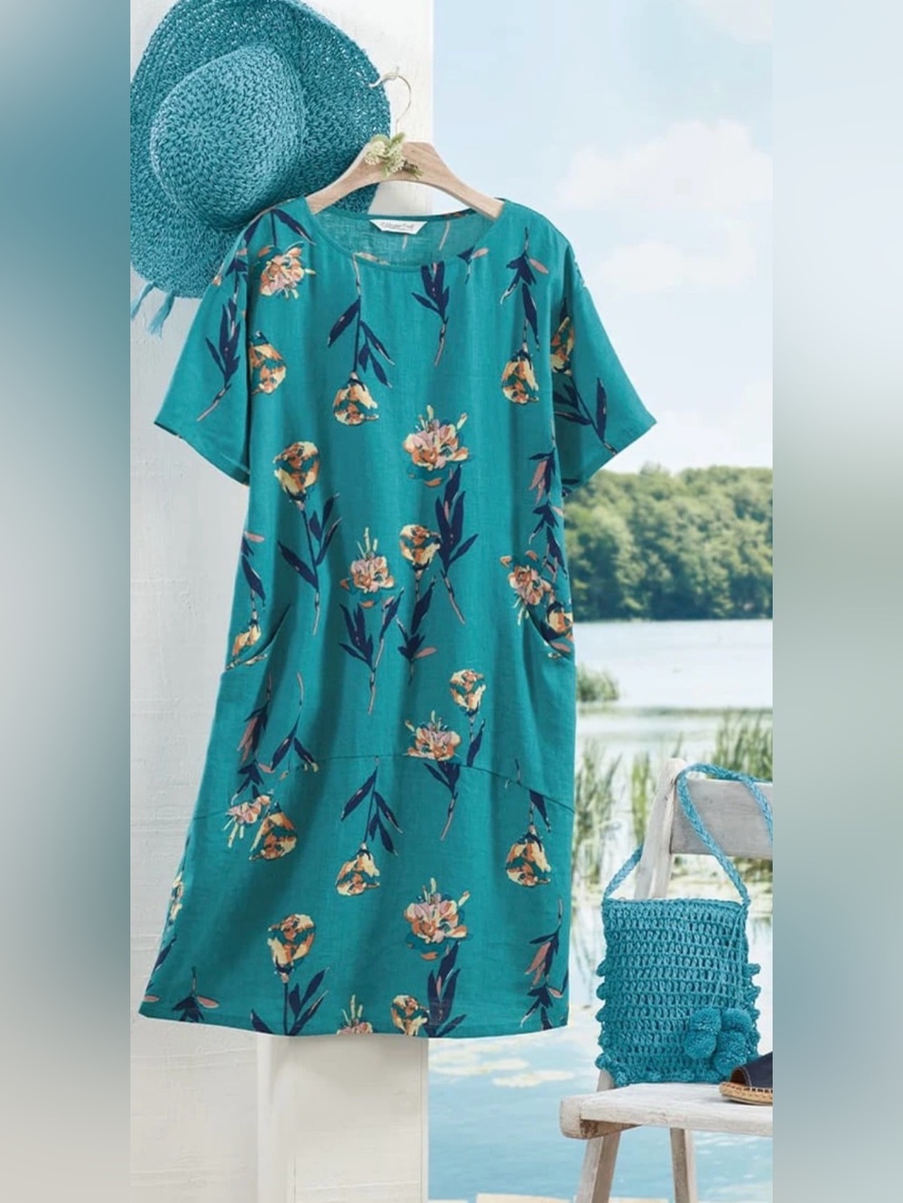 Coldwater Creek Sweet Simplicity Dress in Cerulean Multi Linen Midi